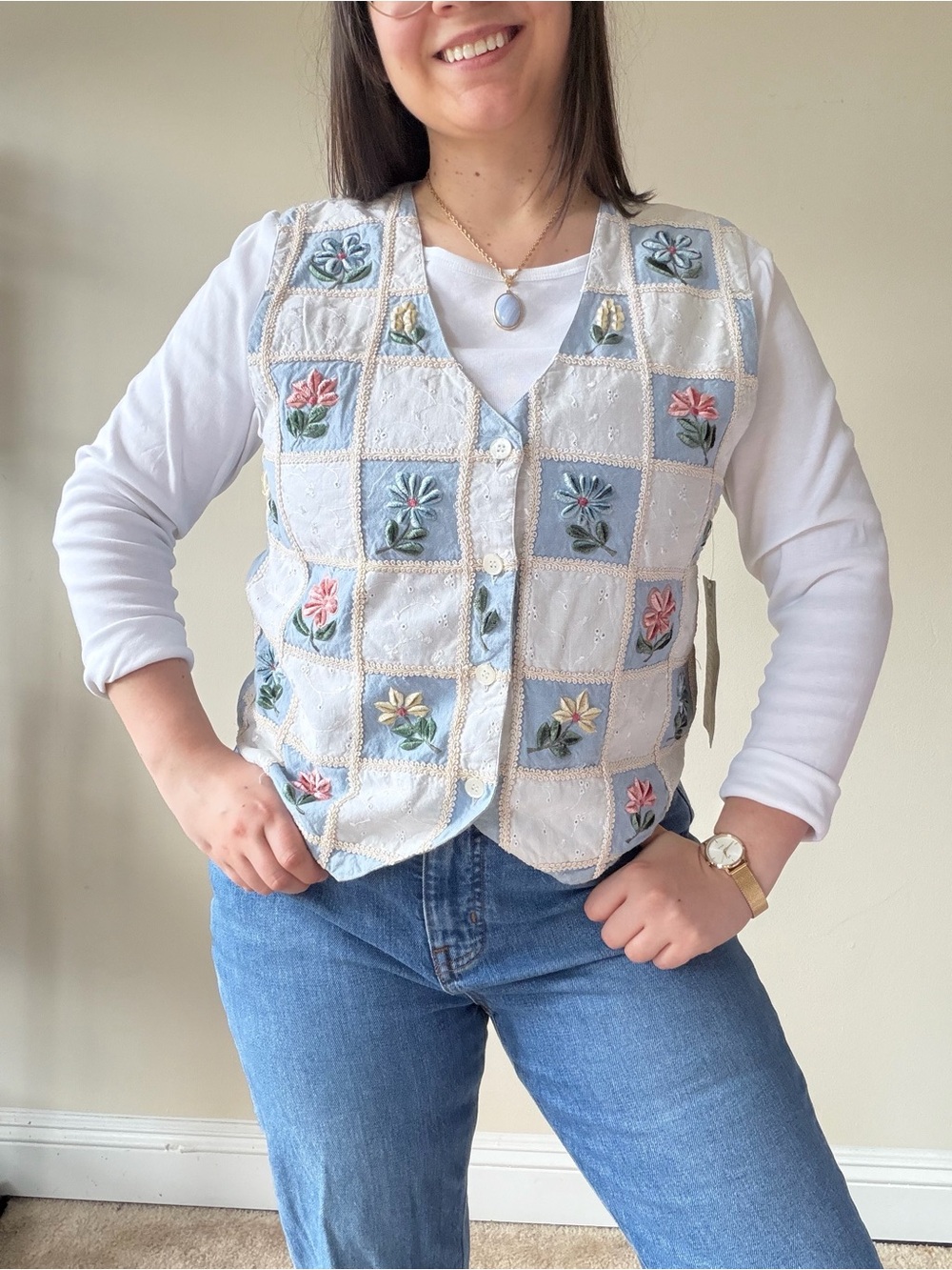 NWT Deadstock Vintage Tantrums Embroidered Patchwork Floral Button-Front Vest